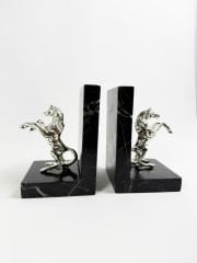 Siyah Mermer Kitap Tutucu Gümüş At Objeli