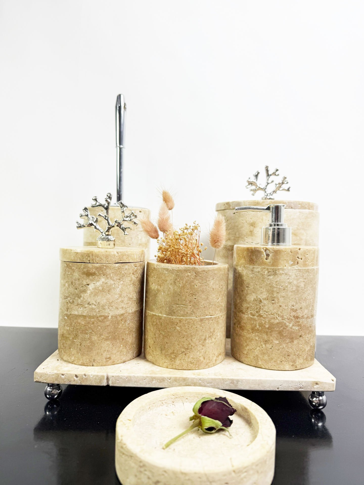 Traverten 7li  Banyo Seti Gümüş Mercan