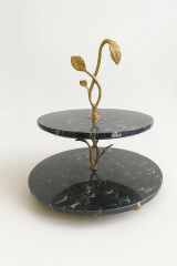 Siyah mermer 2 katlı sunum, gold yaprak figürlü