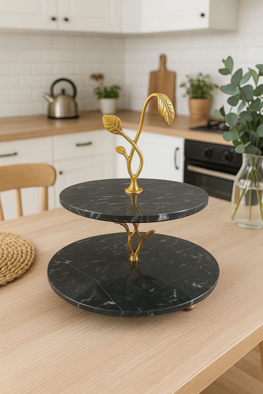 Siyah mermer 2 katlı sunum, gold yaprak figürlü