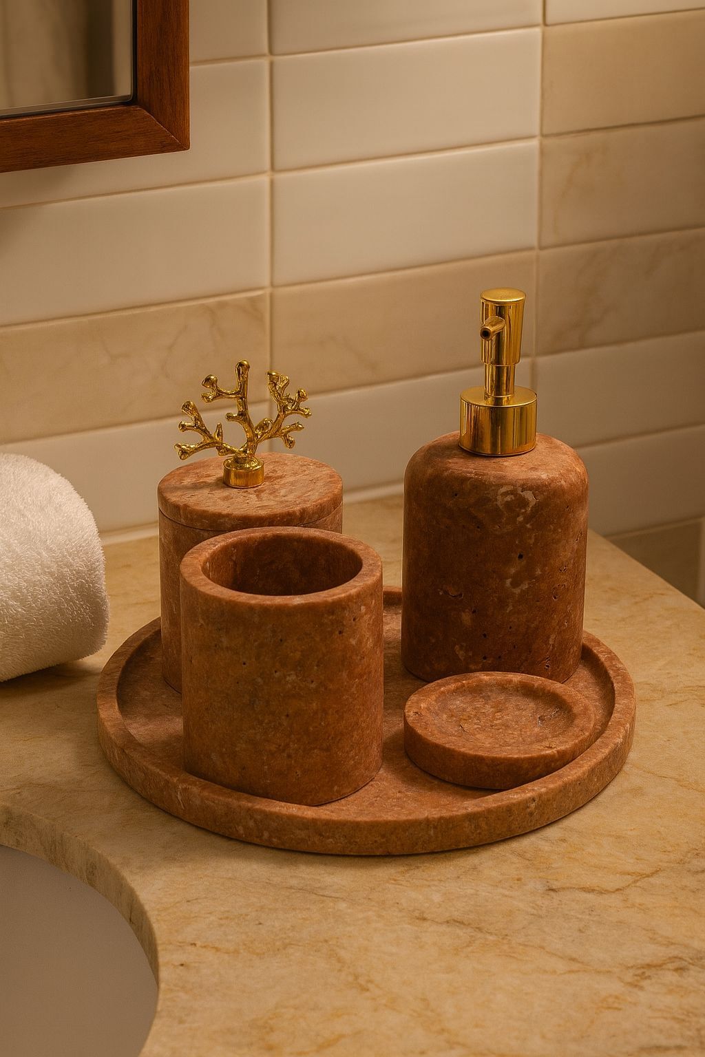 5 Li kırmızı traverten mermer banyo seti Gold mercan aksesuar
