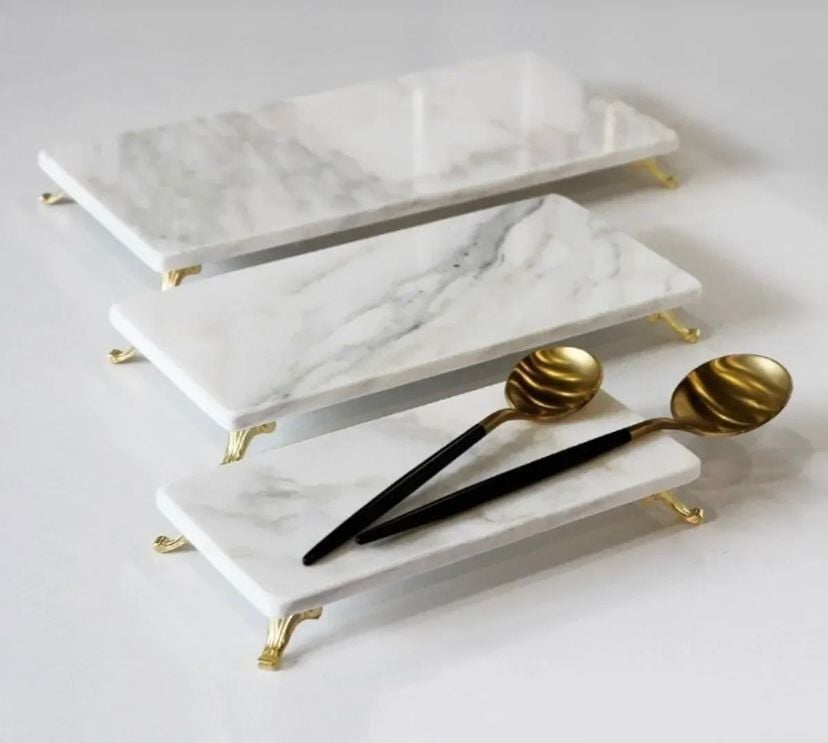 Doğal calacatta mermer 3 lü sunumluk gold ayaklı