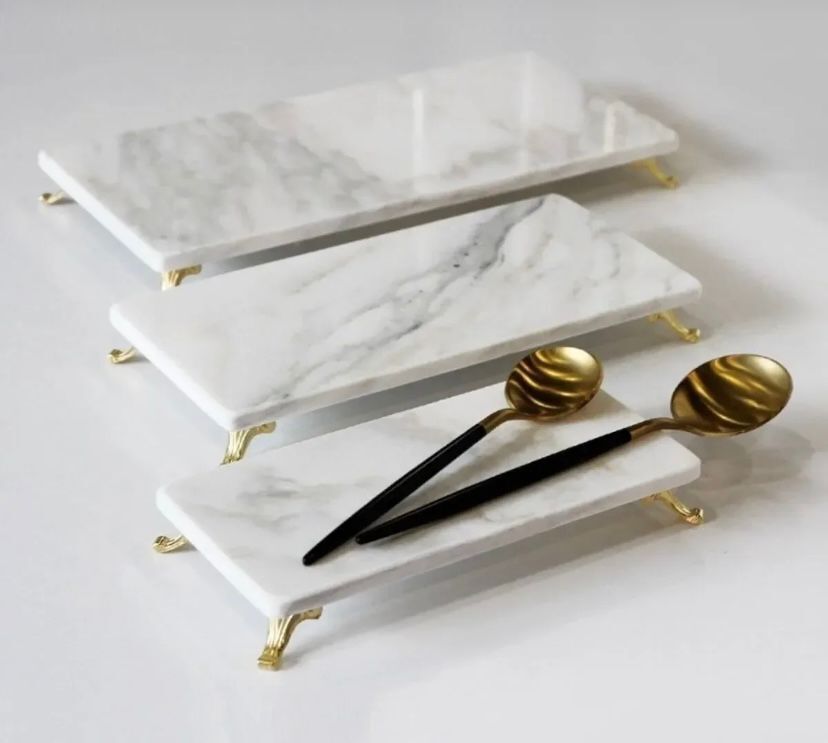 Doğal calacatta mermer 3 lü sunumluk gold ayaklı