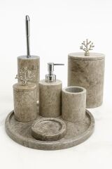 Gri mermer yuvarlak 7li banyo seti gümüş mercan objeli