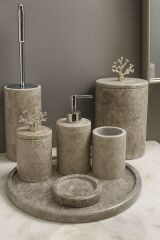 Gri mermer yuvarlak 7li banyo seti gümüş mercan objeli