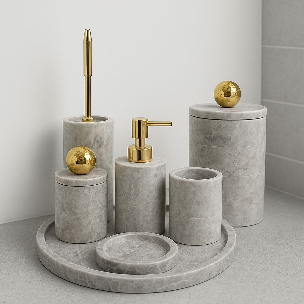 Gri mermer yuvarlak 7li banyo seti gold disko top objeli
