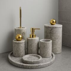 Gri mermer yuvarlak 7li banyo seti gold disko top objeli