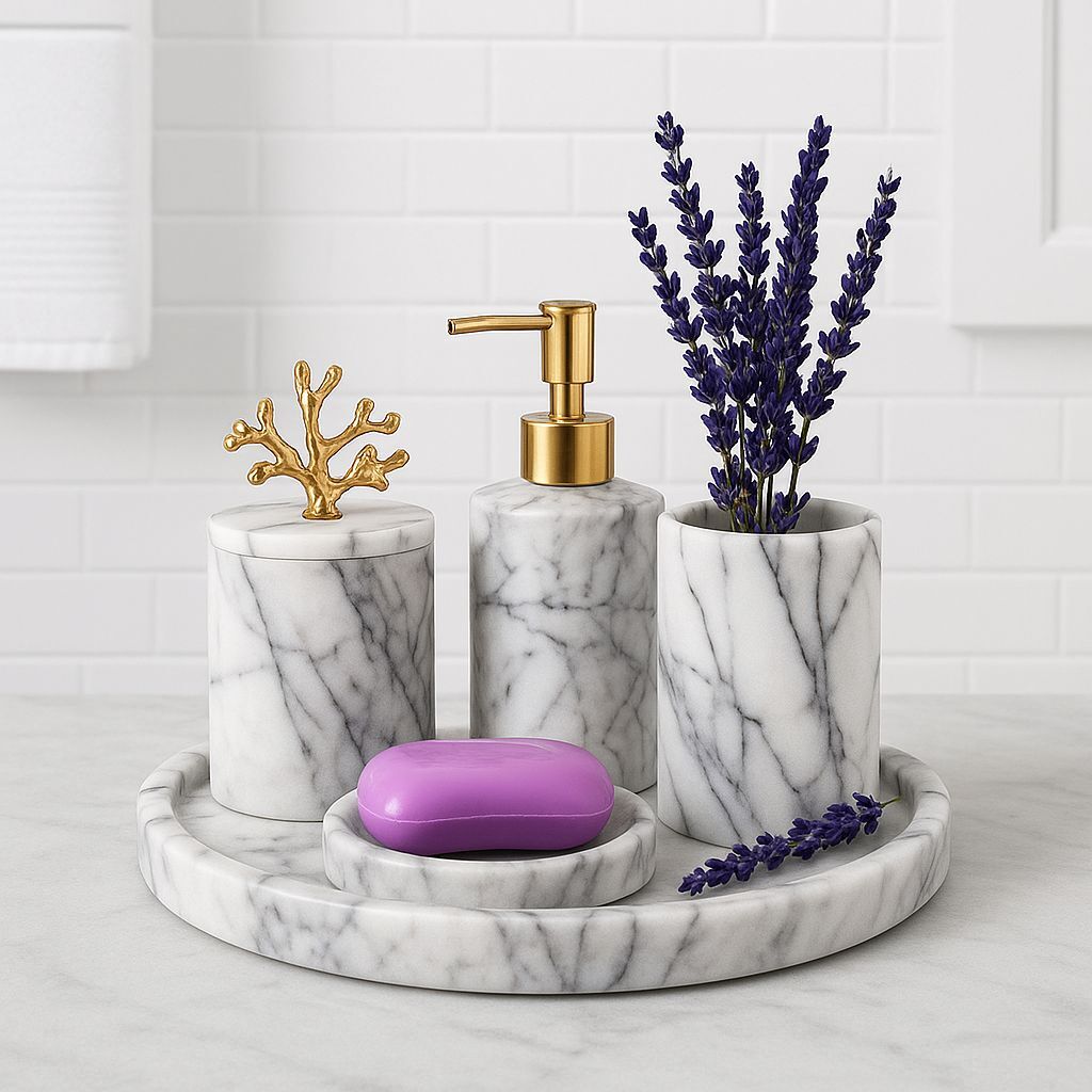 Dekoratif leylak mermer GOLD detaylı 5li banyo set takım