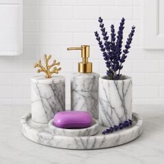 Dekoratif leylak mermer GOLD detaylı 5li banyo set takım