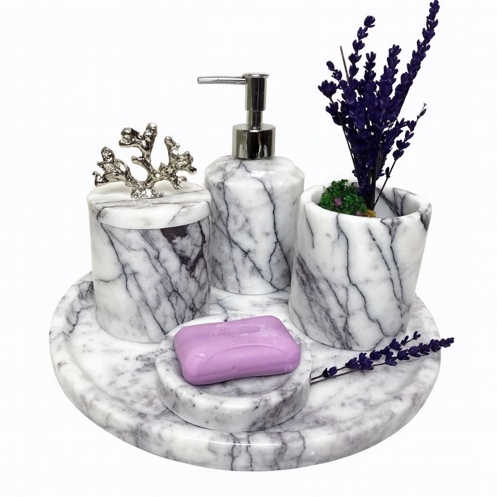 Dekoratif leylak mermer GÜMÜŞ detaylı 5li banyo set takım