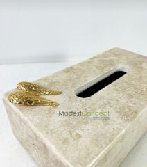 Doğal traverten mermer peçetelik mendil kutusu GOLD melek kanatlı