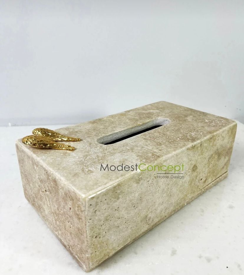 Doğal traverten mermer peçetelik mendil kutusu GOLD melek kanatlı