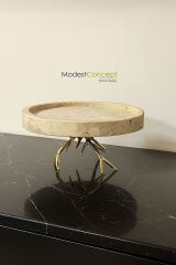 Doğal traverten mermer GOLD ayaklı sunum tepsisi