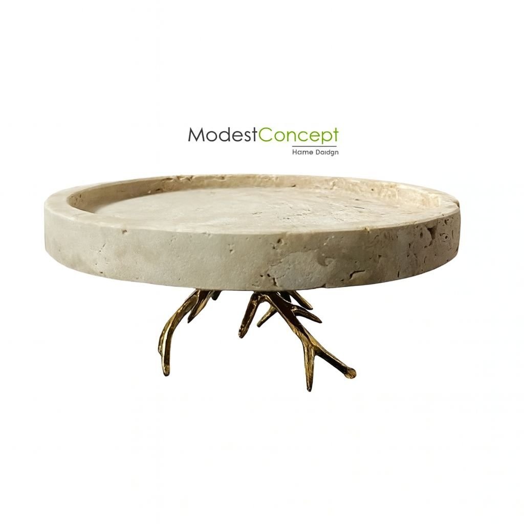 Doğal traverten mermer GOLD ayaklı sunum tepsisi