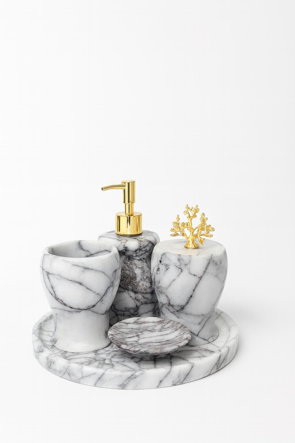 Leylak mermer GOLD mercan aksesuarlı 5'li banyo seti