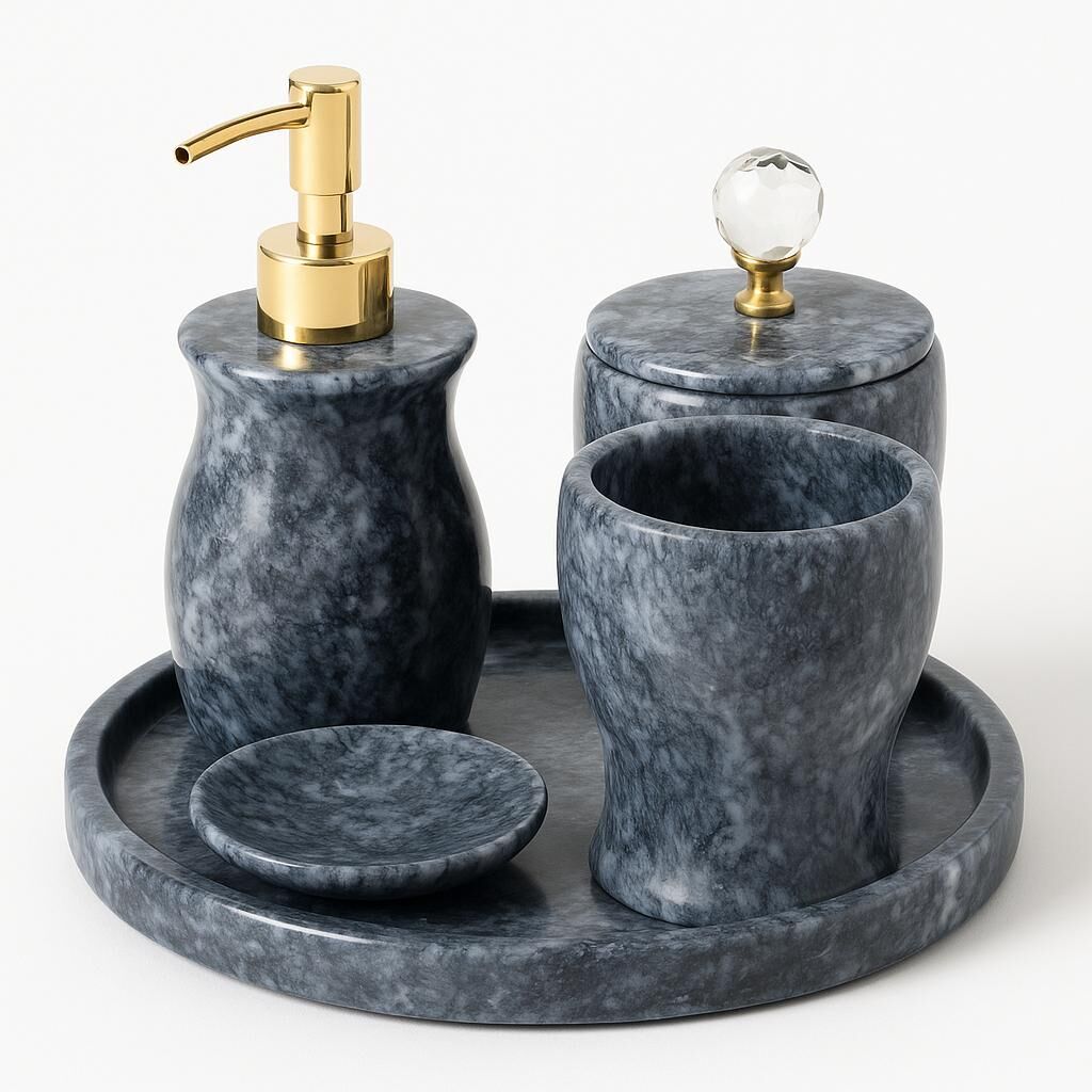 Gri mermer banyo seti - Lüks 5'li banyo seti