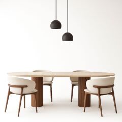 Kayın Ayaklı Traverten Yemek Masası