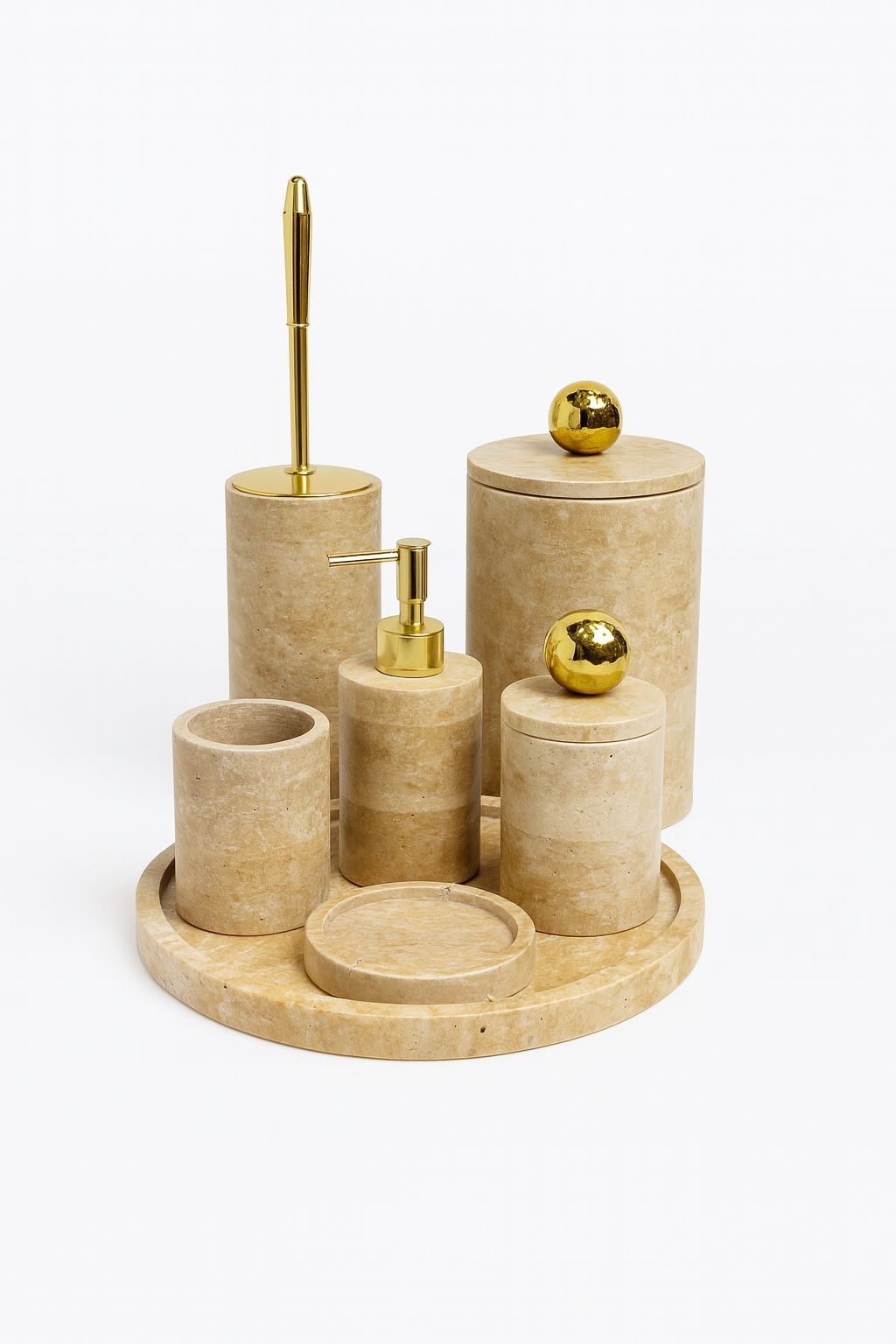 Doğal Traverten Taş 7’li Lüks Banyo Set - GOLD Top obje