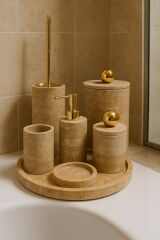 Doğal Traverten Taş 7’li Lüks Banyo Set - GOLD Top obje