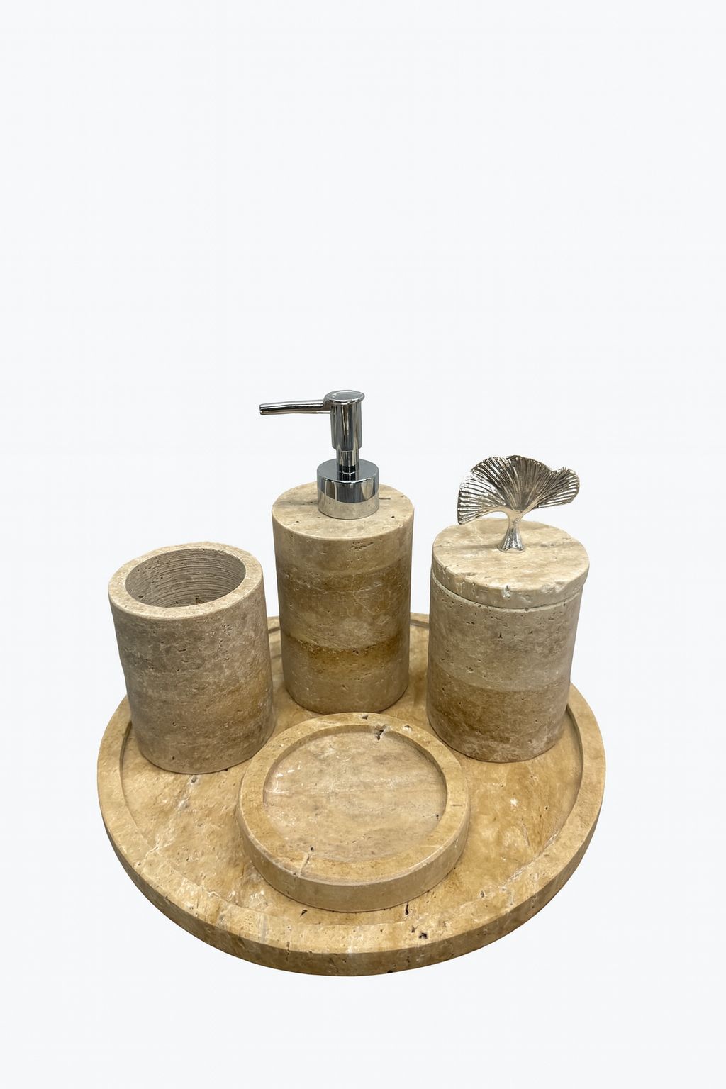 Doğal Traverten Taş 5'lİ Lüks Banyo Seti - GÜMÜŞ Ginko obje