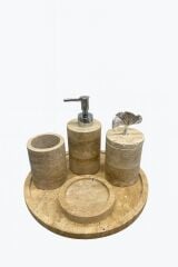 Doğal Traverten Taş 5'lİ Lüks Banyo Seti - GÜMÜŞ Ginko obje