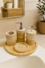 Doğal Traverten Taş 5'lİ Lüks Banyo Seti - GÜMÜŞ Ginko obje