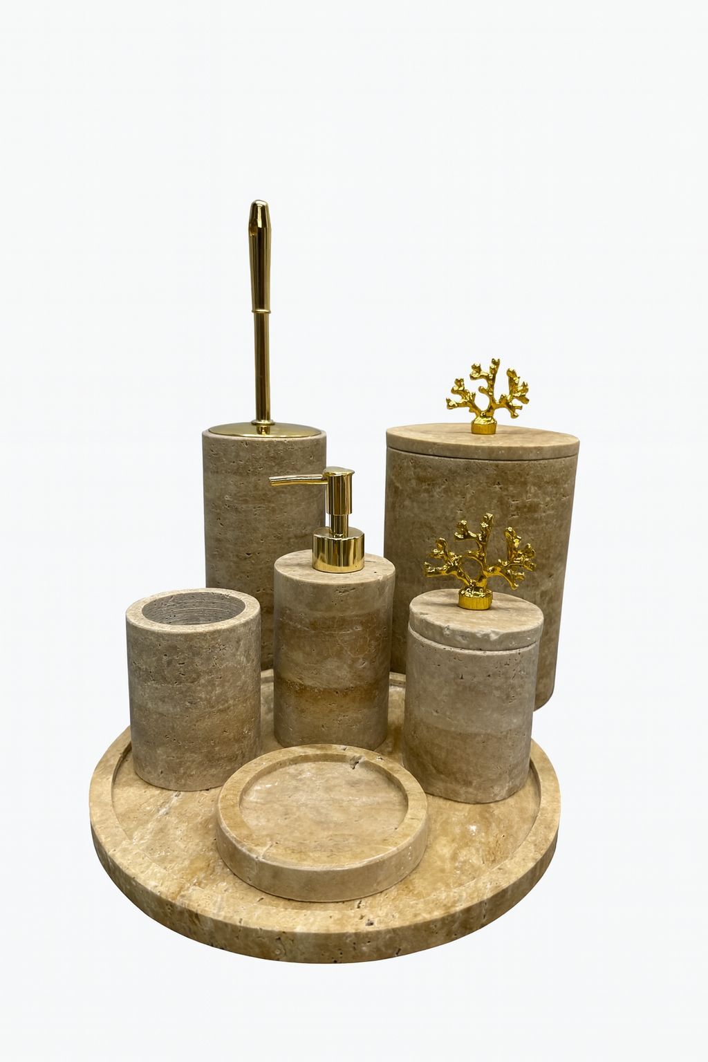 Doğal Traverten Taş 7’li Lüks Banyo Set - GOLD Mercan obje