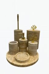 Doğal Traverten Taş 7’li Lüks Banyo Set - GOLD Mercan obje