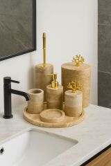 Doğal Traverten Taş 7’li Lüks Banyo Set - GOLD Mercan obje