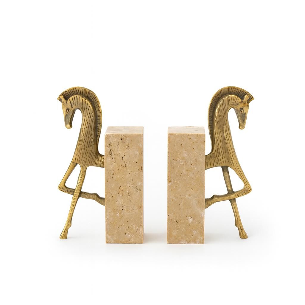 Traverten taş ve pirinç at figürlü kitap tutucu