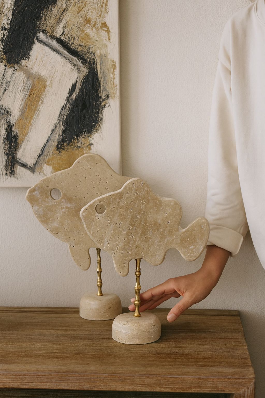 Doğal Traverten Balık dekoratif set - 2'li set