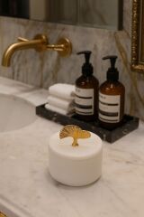 Doğal beyaz mermer kutu - Dekoratif gold ginko obje kutu