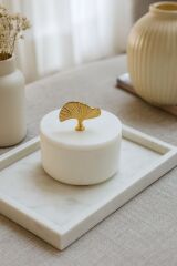 Doğal beyaz mermer kutu - Dekoratif gold ginko obje kutu