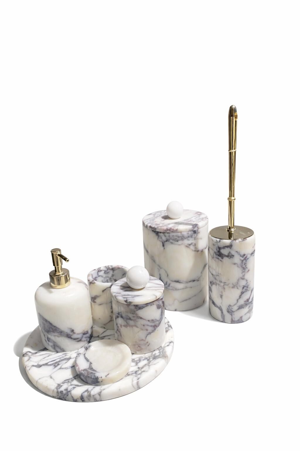 Menekşe Mermer Beyaz Top Obje Gold  Banyo Seti (7'li set)