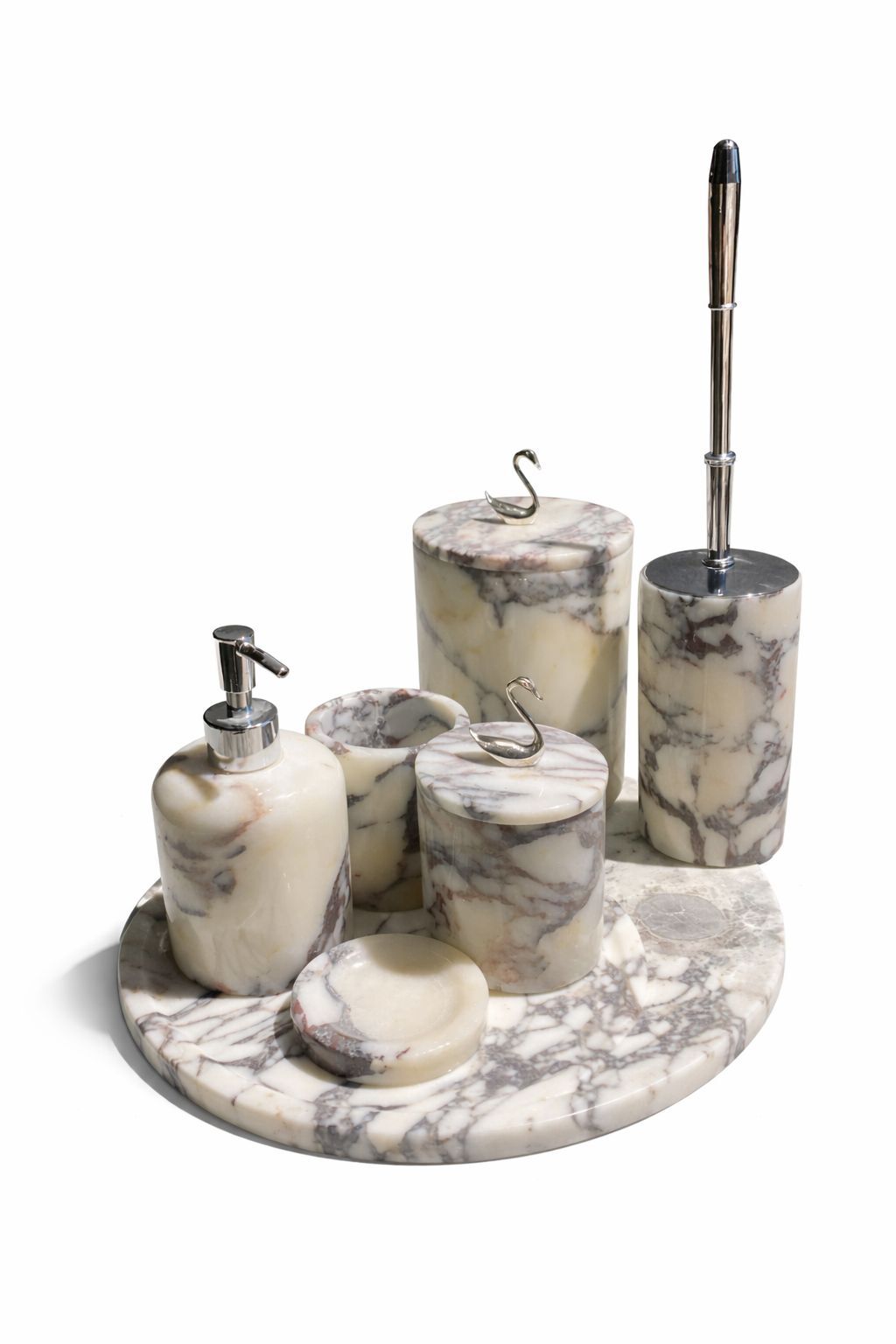 Menekşe Mermer Gümüş Kuğu obje Banyo Seti (7'Lİ SET)