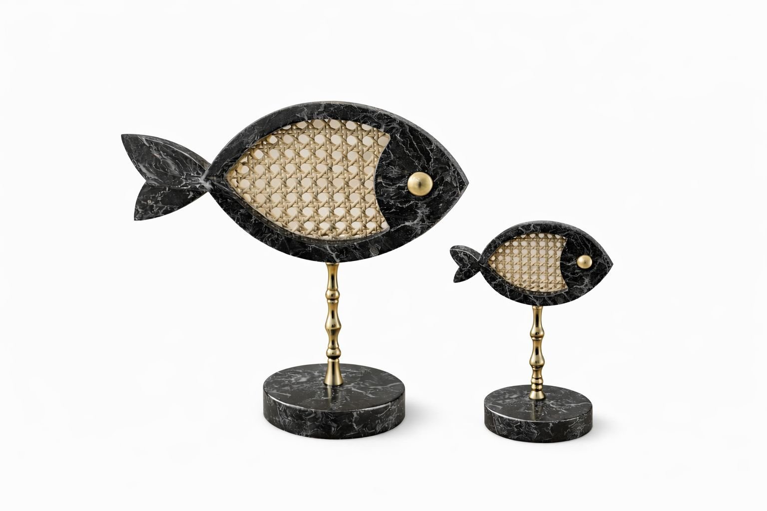 Nero Hazeran Balık Biblo Seti (2’li) – Siyah Mermer & Pirinç Ayaklı