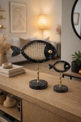 Nero Hazeran Balık Biblo Seti (2’li) – Siyah Mermer & Pirinç Ayaklı