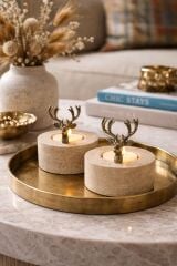 Traverten Mumluk - Bronz Geyik Obje Mumluk 2'Lİ Set
