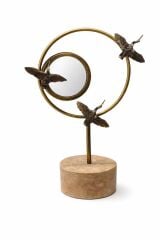 Uçan Kuşlar Dekoratif Aynalı Masa Objesi – Traverten Tabanlı Pirinç Dekor