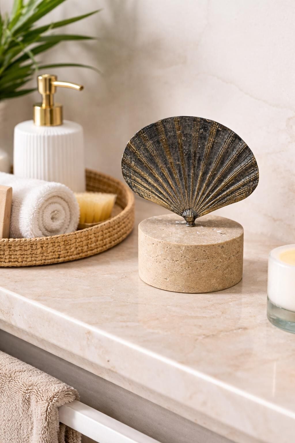 Traverten Kaideli Deniz Kabuğu Dekoratif Obje – Antik Pirinç Detaylı