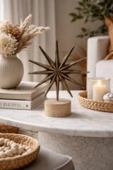 Traverten Kaideli Antik Pirinç Yıldız Dekor Obje