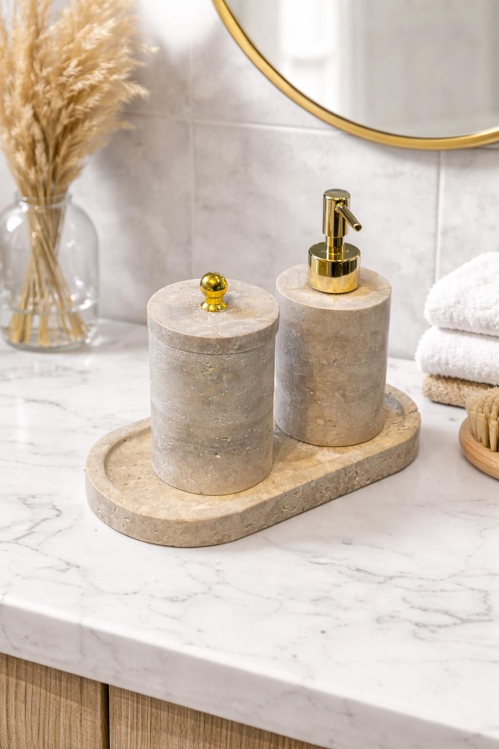 Doğal Traverten Banyo Seti – 3 Parça Gold Obje