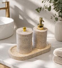 Doğal Traverten Banyo Seti – 3 Parça Gold Obje