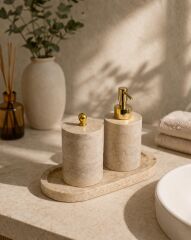 Doğal Traverten Banyo Seti – 3 Parça Gold Obje