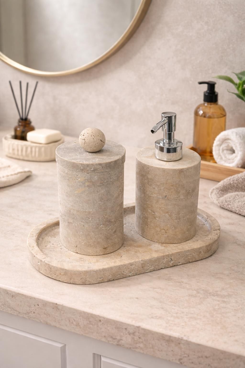 Doğal Traverten Banyo Seti – 3 Parça Traverten Top Obje