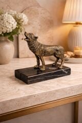 Bronz Kurt Figürlü Siyah Mermer Kaideli Dekoratif Obje