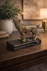 Bronz Kurt Figürlü Siyah Mermer Kaideli Dekoratif Obje