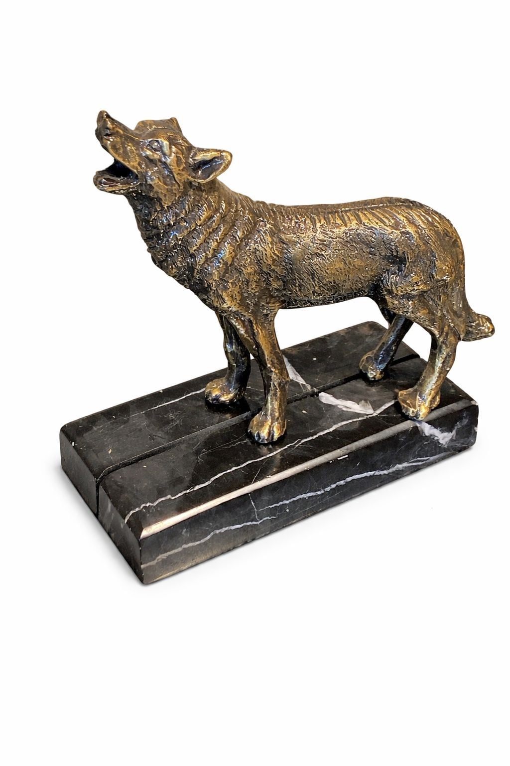 Bronz Kurt Figürlü Siyah Mermer Kaideli Dekoratif Obje