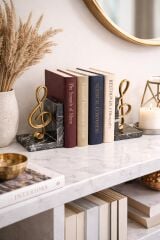 Modern Siyah Mermer & Nota Figürlü Kitap Tutucu (2’li Set)