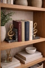 Modern Siyah Mermer & Nota Figürlü Kitap Tutucu (2’li Set)